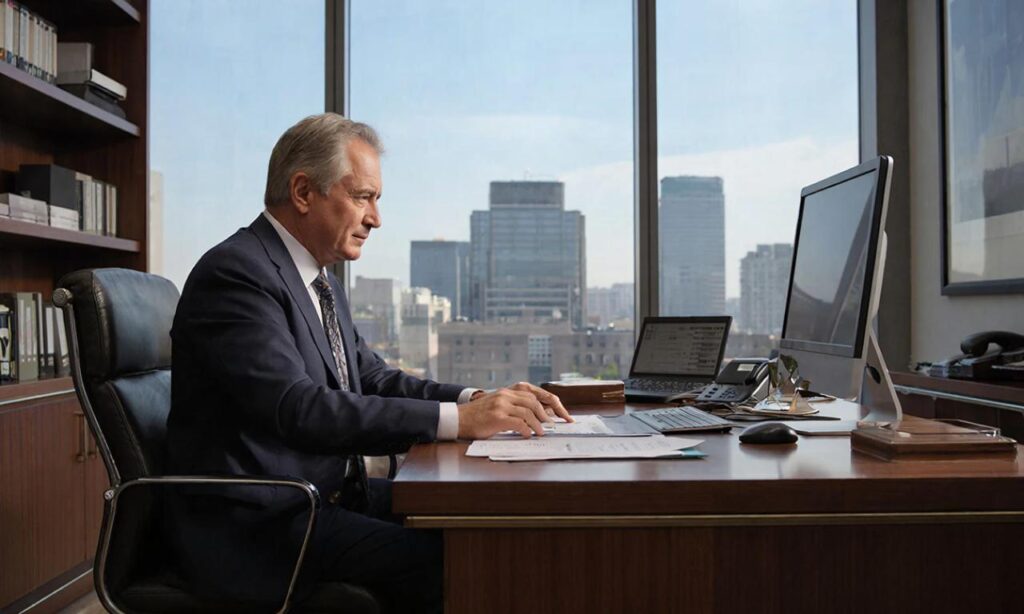 Мужчина в деловом костюме смотрит в монитор